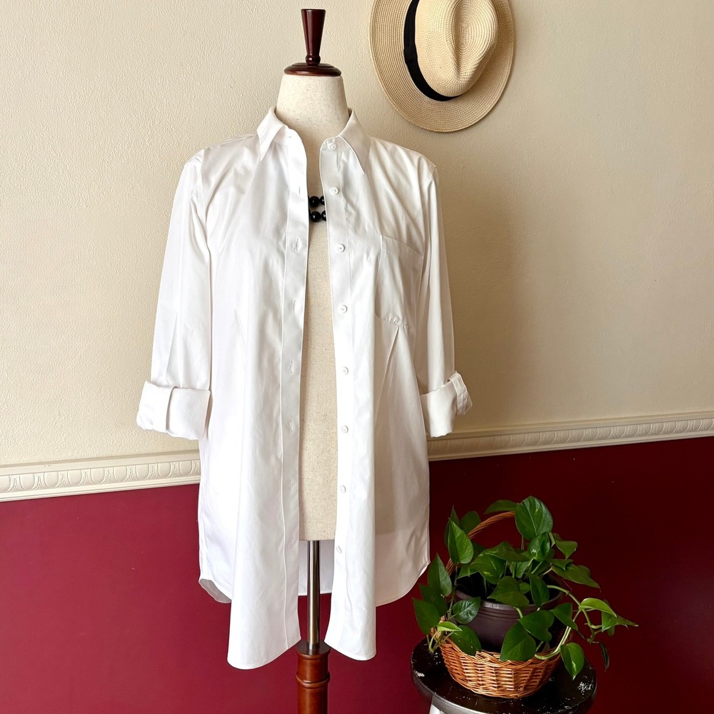 Foxcroft Non-Iron White Button Up Tunic Fitted Fit 14 Roll Tab Sleeve Minimalist